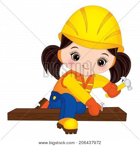 Vector cute little girl hammering nails. Vector construction. Little builder vector illustration