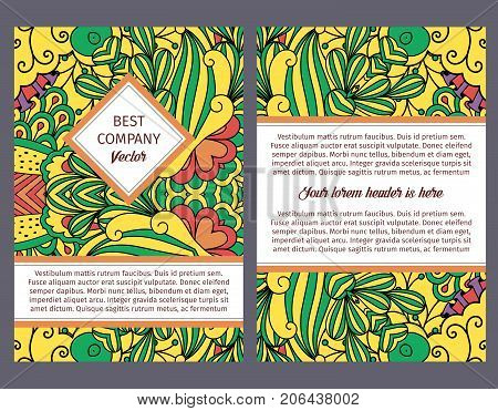 Brouchure design template for company with colorful decorative floral pattern, vector illustration