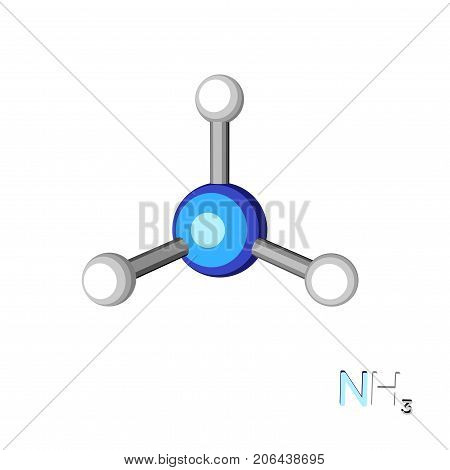 Ammonia model molecule. Isolated on white background. 3D rendering illustration.Cartoon style.