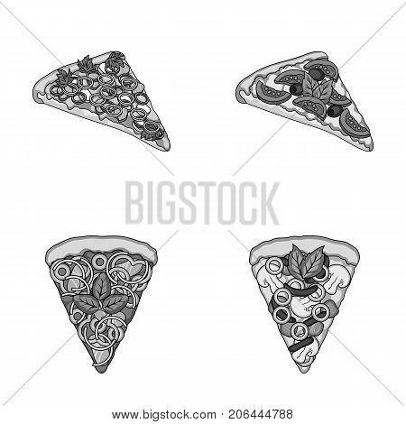 A slice of pizza with different ingredients. Different pizza set collection icons in monochrome style vector symbol stock illustration .