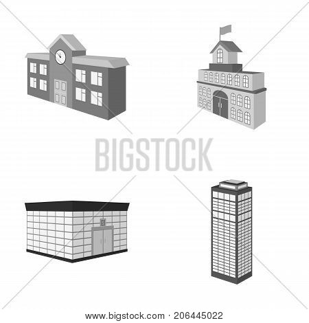 Bank office, skyscraper, city hall building, college building. Architectural structure set collection icons in monochrome style vector symbol stock illustration .