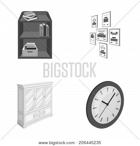 Cabinet, shelving with books and documents, frames on the wall, round clocks. Office interior set collection icons in monochrome style isometric vector symbol stock illustration .