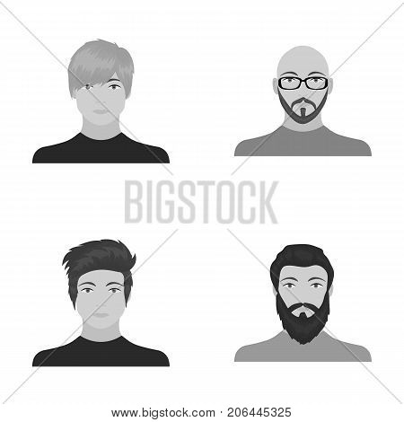 The face of a Bald man with glasses and a beard, a bearded man, the appearance of a guy with a hairdo. Face and appearance set collection icons in monochrome style vector symbol stock illustration .