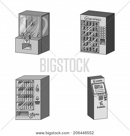A game machine, a ticket sales terminal, an automaton for selling aqua and chocolate. Terminals set collection icons in monochrome style isometric vector symbol stock illustration .