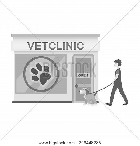 Visiting the vet clinic, the pet, dog on a leash with the hostess. Pet, dog care single icon in monochromt style vector symbol stock illustration .