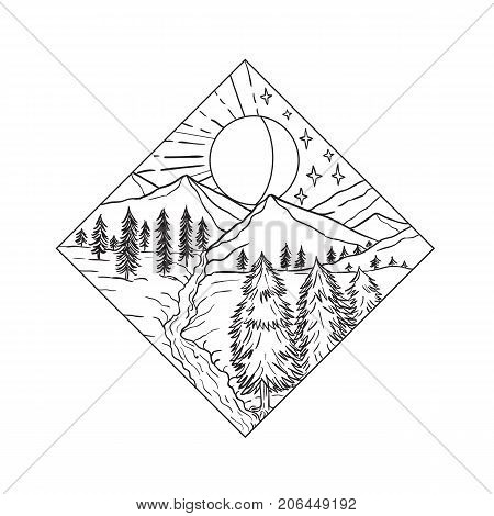 Mono line illustration of Night and Day Sun and Moon stars with mountain river and trees set inside diamond shape on isolated background done in black and white.