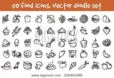Vector doodle food icons set. Stock cartoon signs for design.