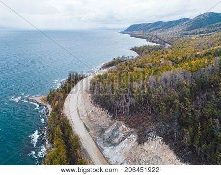aerial view road shore water lake forest