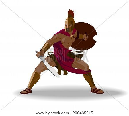 Angry spartan warrior with armor and hoplite shield holding a sword. Isolated. Vector illustration