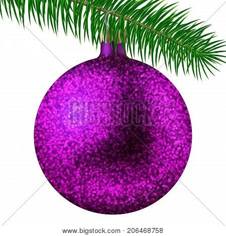 Realistic Pink Christmas Ball Or Bauble With Glitter Sparkles And Fir Branch Isolated On White Backg