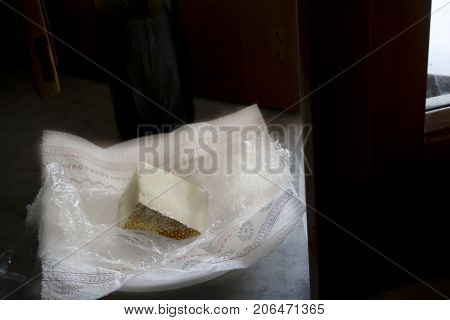 sardinian pecorino illumined from light of a window