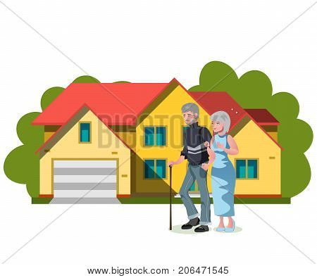 Old couple standing near house. Vector illustration