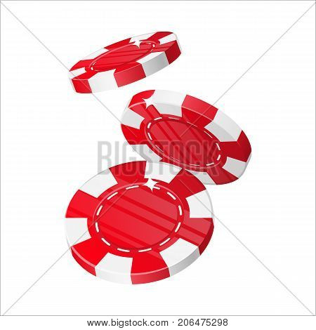 Falling red chips cartoon style isolated. Three falling red casino chips in a cartoon style for designers and illustrators. Dropping of casino stakes in the form of vector illustrations