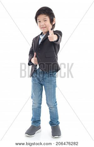 Cute Asian Child In Business Suit Index Finger Pointing On White Background Iolated