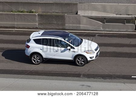 Frankfurt Germany - Sep 19 2017: Compact SUV Ford Kuga (Escape) driving on the highway in Germany