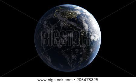 Earth with clouds illuminated by Sun on one side on night side of lights of cities America comes in morning an isolated globe on a black background 3d rendering elements of this image are furnished by NASA