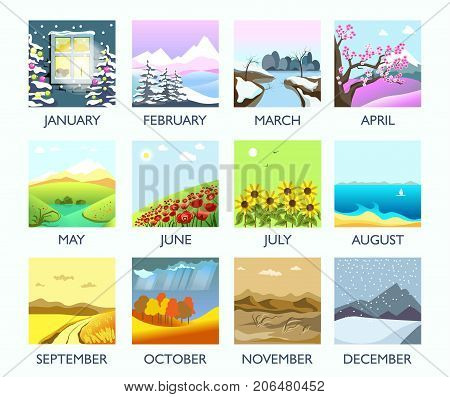 Four seasons nature landscape by month winter, summer, autumn and spring weather. Vector flat monthly mountain forest in snow, blooming flower and tree on field, leaf fall and rain, summer ocean beach