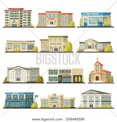 Colored isolated municipal buildings icon set with post office polyclinic college bank library hospital buildings descriptions vector illustration
