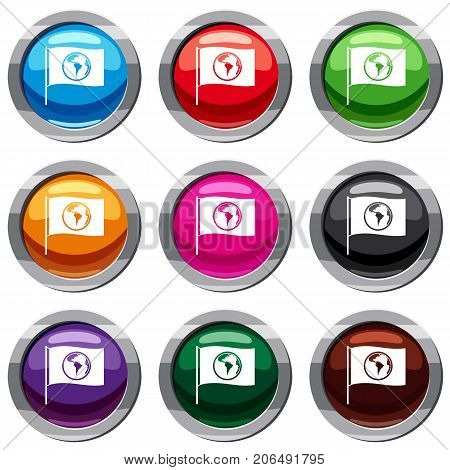 Flag with world planet set icon isolated on white. 9 icon collection vector illustration