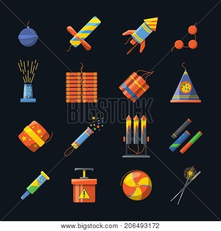 Pyrotechnics for holidays and different tools for fire show. Vector icons set of pyrotechnic firecracker and petard, rocket and bomb dynamite in flat style illustration