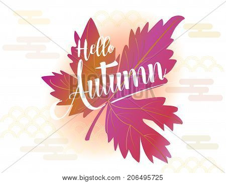 Abstract poster with Hello Autumn lettering and fall maple leaves on traditional Chinese decorative background. Mid Autumn festival card Vector illustration.