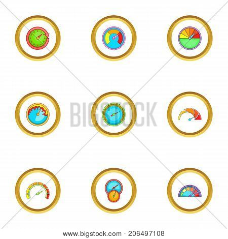 Circular meter icons set. Cartoon style set of 9 circular meter vector icons for web design