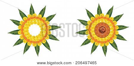 Stock illustration of flower rangoli for Diwali or pongal or onam made using marigold or zendu flowers and red rose petals over white background with diwali diya in the middle,