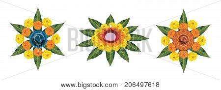 Stock illustration of flower rangoli for Diwali or pongal or onam made using marigold or zendu flowers and red rose petals over white background with diwali diya in the middle,
