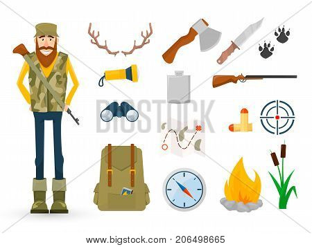 Cartoon set of hunting equipment with hunter man