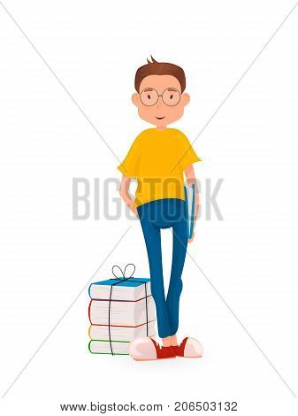 appy boy standing with a stack of books. Back to school. Vector illustration in cartoon style.