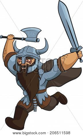 Vector Crazy Viking Warrior with Sword and Axe.