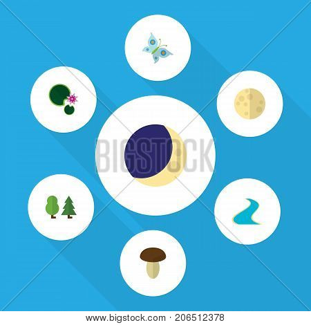 Flat Icon Bio Set Of Tributary, Lunar, Lotus And Other Vector Objects