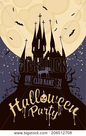 Vector banner for Halloween party with horrid cat and an old Gothic castle in the cemetery on the background of the full moon
