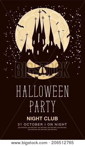 Vector banner for Halloween party with horrid face and an old Gothic castle in the cemetery on the background of the full moon