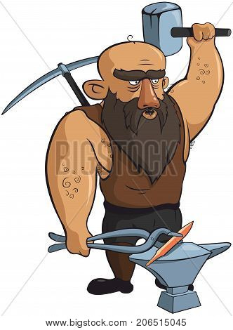 Vector strong blacksmith with hammer and pickaxe.