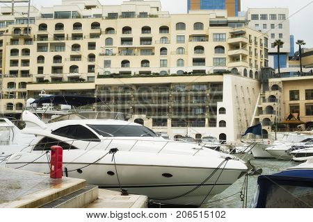 Yachts moored at Portomaso Marina in Malta