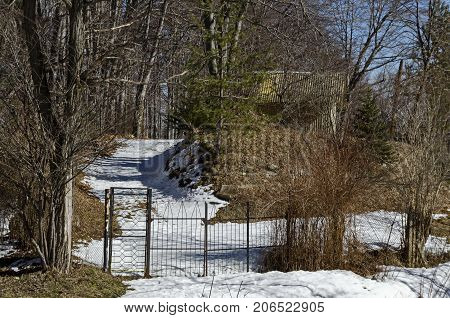 Forest house or hut in small yard on winter time in Vitosha mountain, Bulgaria