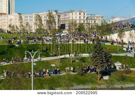 Moscow, Russia - September 23. 2017. Tourists walk in a new park Zaryadye