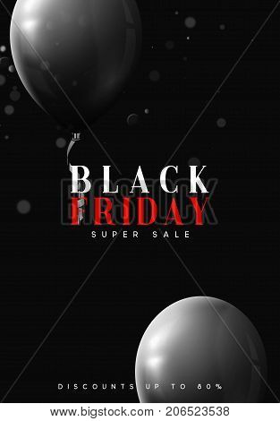 Black Friday sale, banner, poster advert. Card offert promotion design. Background lights bokeh and black air balloon