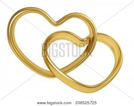 Two linked golden rings in the shape of heart isolated on white background. 3D rendering.
