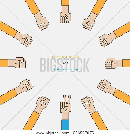 Rock Paper Scissors for it sign.Hand of business mans with Rock Paper Scissor hand game.How to play arm gestures.Rock Paper Scissor hand and difference concept.Vector illustration