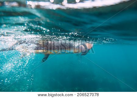 Surfer girl rowing on board, underwater photo