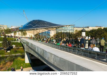 Moscow, Russia - September 23. 2017. Tourists walk in a new park Zaryadye