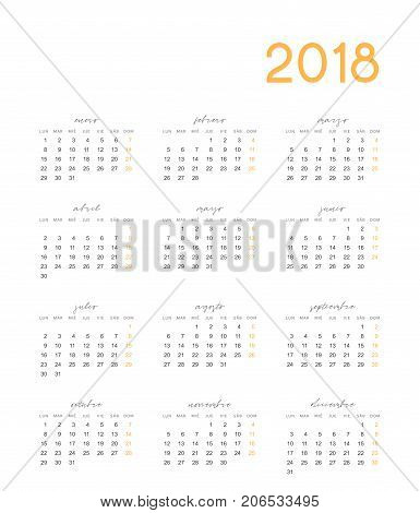 Simple template for printing modern calendar 2018 in Spanish. Week starts from Monday.
