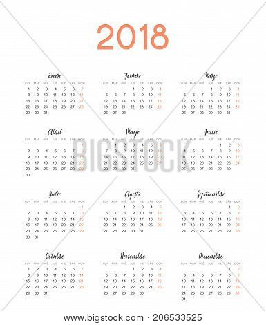 Simple template for printing modern calendar 2018 in Spanish. Week starts from Monday.