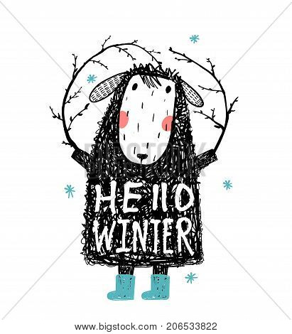 Funny lamb childish print cartoon black and white. Vector illustration.