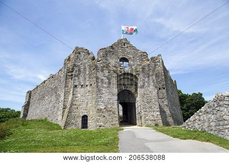 Swansea, UK: June 23, 2016: Oystermouth Castle has recently had essential conservation work. The restoration work was supported by the Heritage Lottery Fund, Cadw and Friends of Oystermouth Castle.