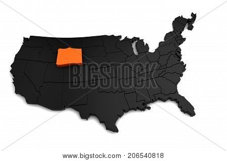 United States of America, 3d black map, with Wyoming state highlighted in orange. 3d render