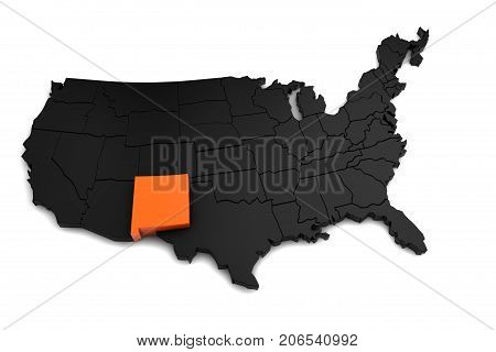 United States of America, 3d black map, with New Mexico state highlighted in orange. 3d render