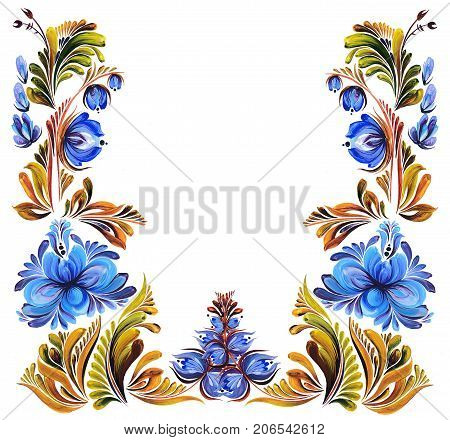 Painted card with Ukrainian ornament , Petrikovskaya painting with decorative flowers for design